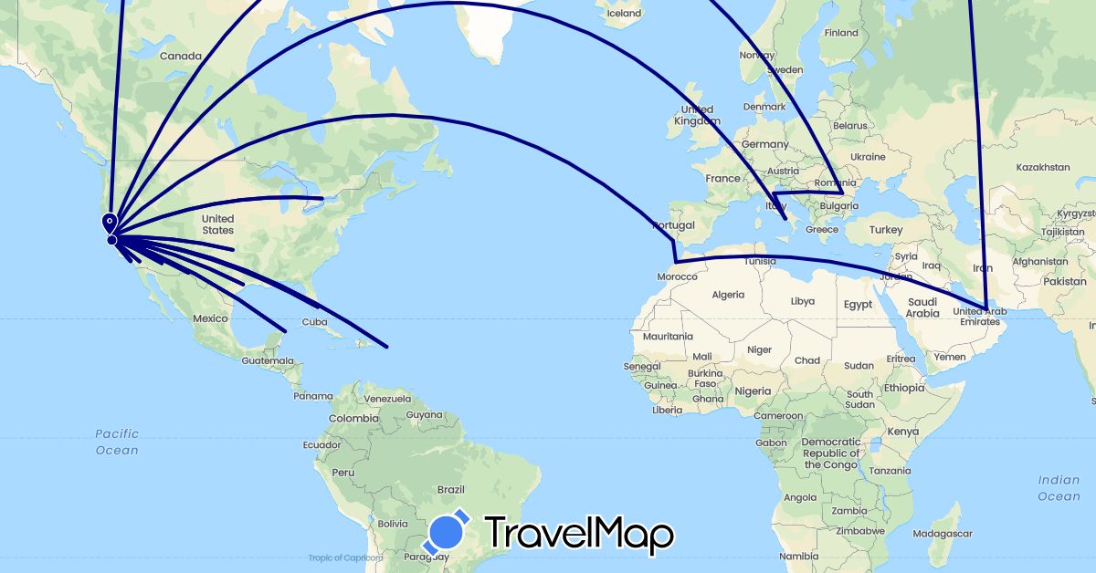 TravelMap itinerary: driving in United Arab Emirates, Canada, Italy, Morocco, Mexico, Portugal, Romania, United States (Africa, Asia, Europe, North America)